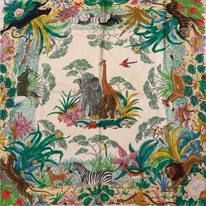 Vintage 1970 Gucci Multicolor Jungle Animal Print Silk Scarf